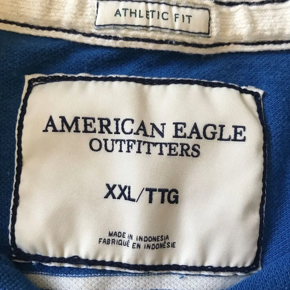 Y2k American Eagle Outfitters Athletic Fit Men's XXL 2XL Stripe Polo Shirt Blue